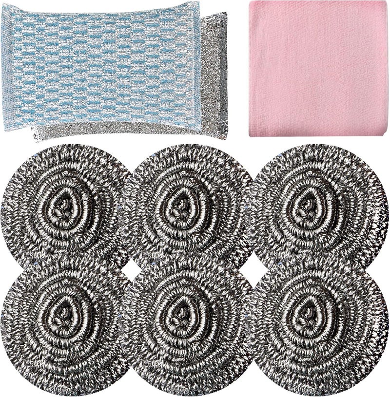 Docduet 6pcs Stainless Steel Scrubber 2pcs Heavy Duty Scrub Sponges 1pcs Dish Clean Towel for Kitchens Bathroom and More - Image 1